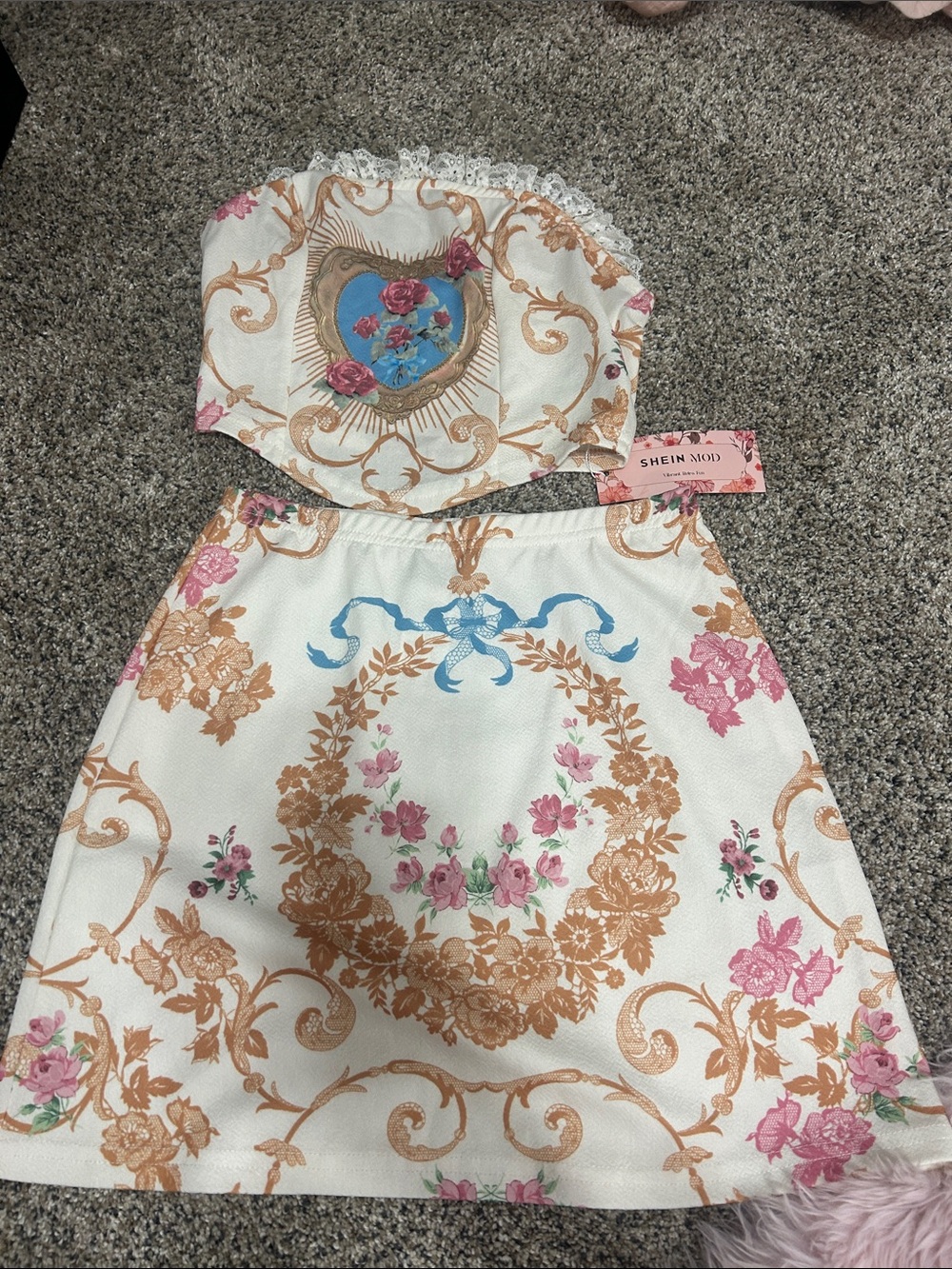 Shein Midi Floral Print Two-Piece Set for Kids – Cream & Pink